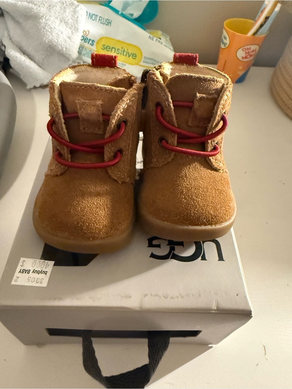UGG Kids Chestnut Suede Boots with Red Laces